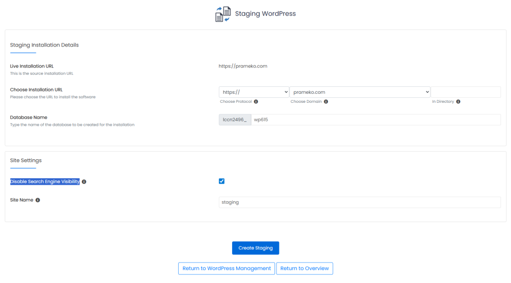 staging wordpress cpanel