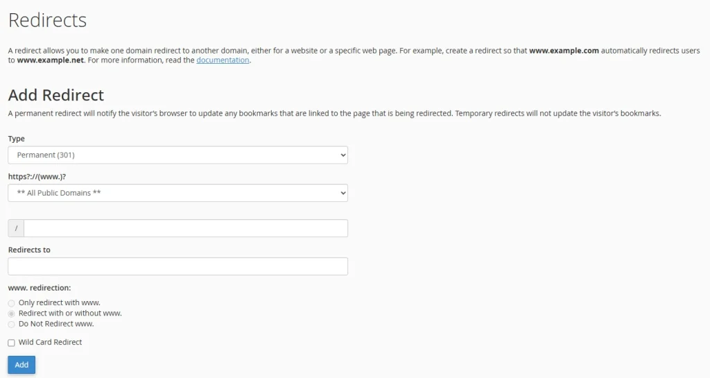 redirect domain cpanel